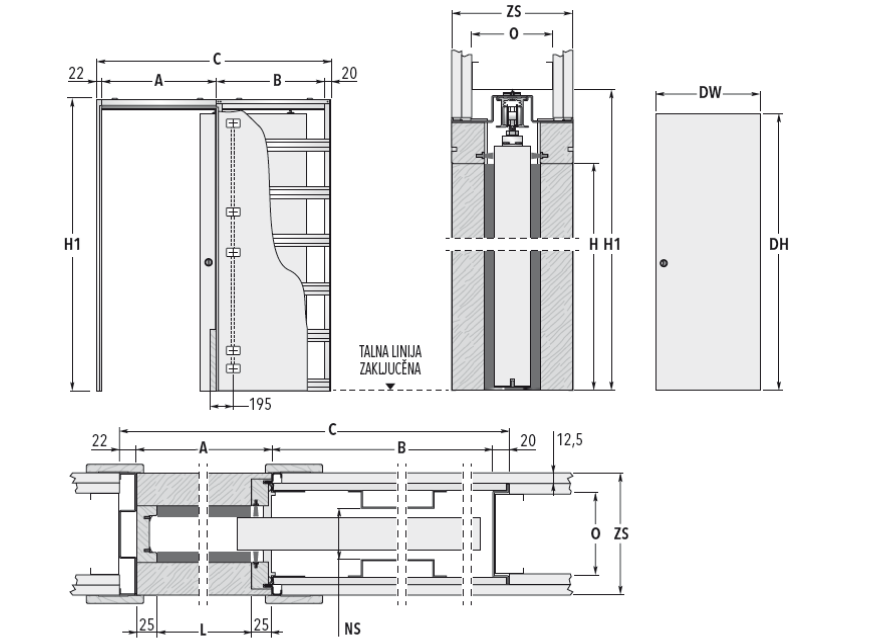 Skica različnih prerezov za montažno steno