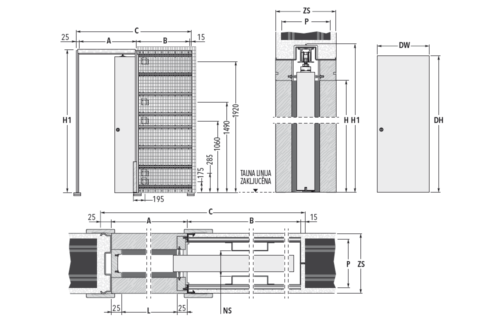 Skica različnih prerezov za zidano steno